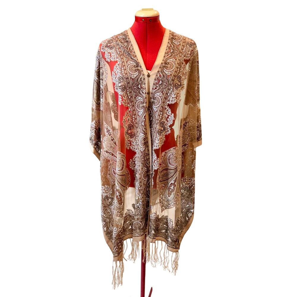 Boho Paisley Kimono Shawl Wrap Beige Brown Fringe Open Front Duster 2XL